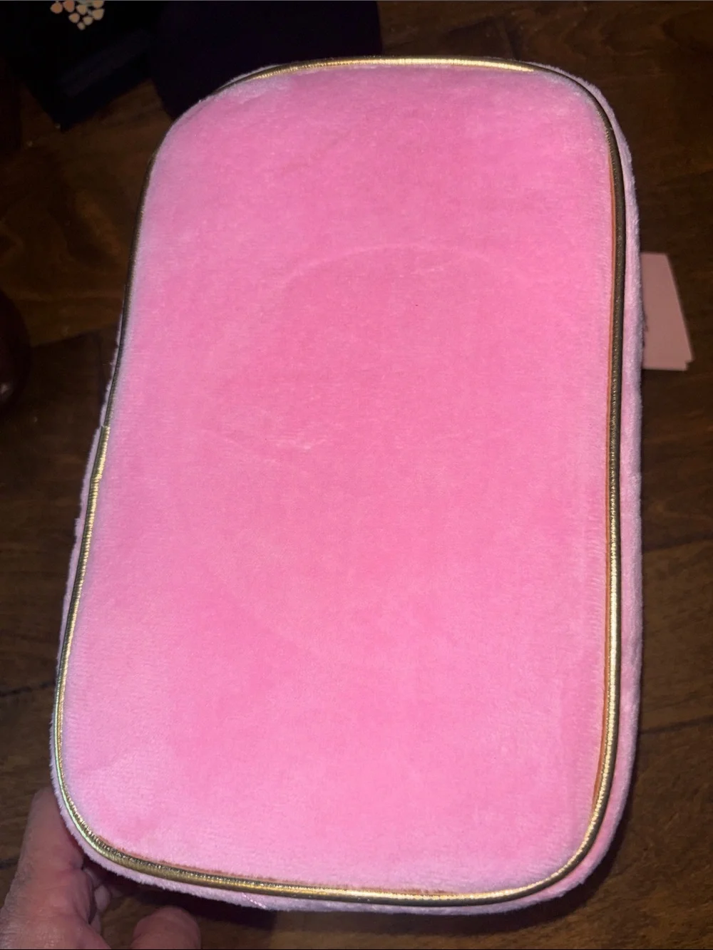Juicy Couture Soft Pink Plush Cosmetic Case with travel Bottle and Gold Accents